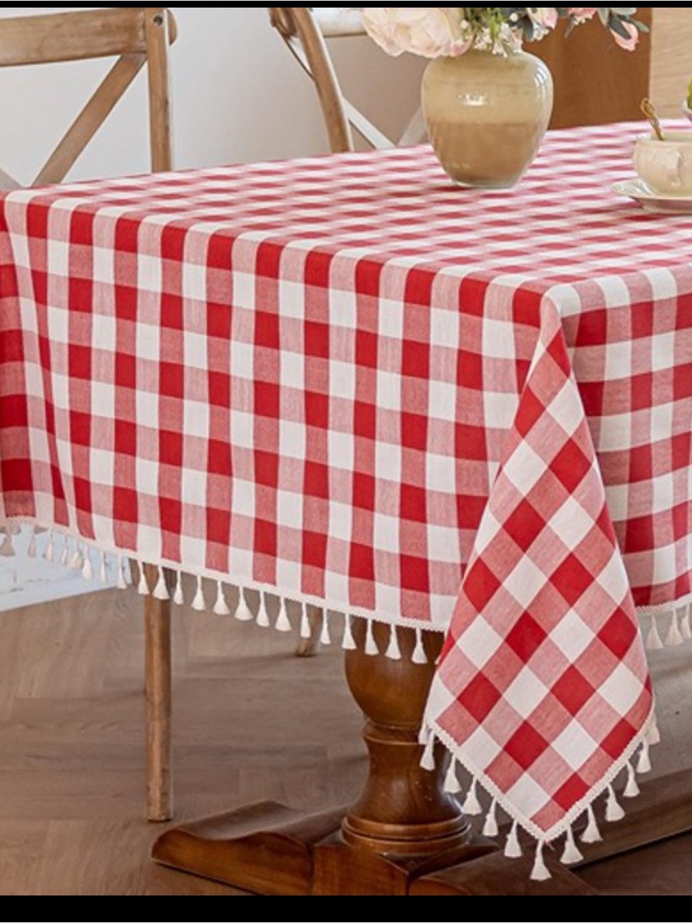 Red and White Checkered Tassel Tablecloth - Classic Picnic Style vintage gingham